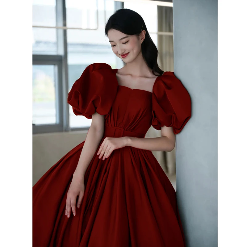 Burgundy Off Shoulder Prom Dress Elegant Square Collar Lace up Backless Large Puff Sleeves Classic Satin Birthday Party Dresses