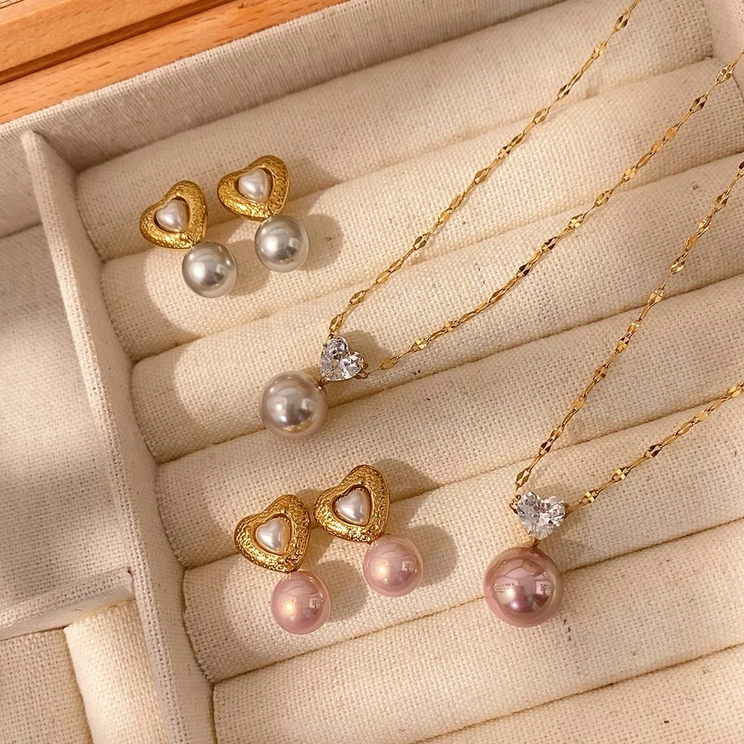 أزياء بسيطة هندسية القلب الزركون الفولاذ المقاوم للصدأ مطلية بالذهب السيدات اللؤلؤ قلادة إسقاط أقراط قلادة مجموعة مجوهرات