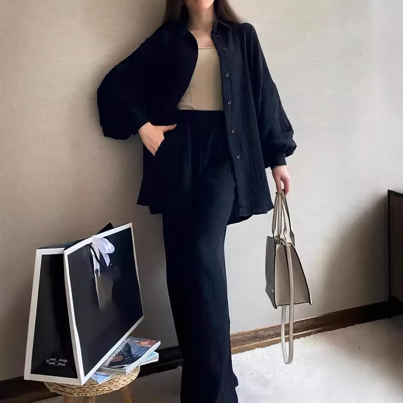 2024 Autumn Winter Long Sleeve Shirt Set Lady Retro Solid Single Breasted Commuting Suit Casual Pocket Straight Leg Pants Outfit