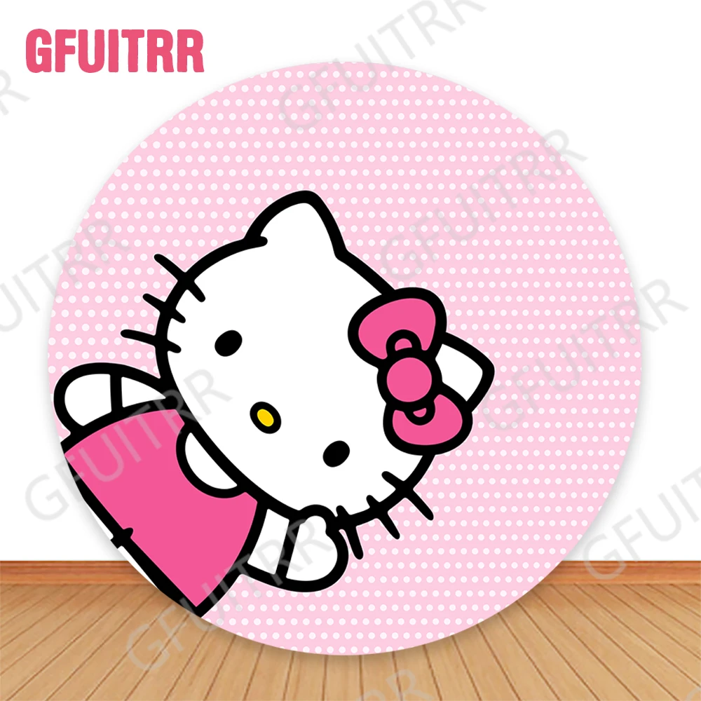 Hello Kitty Round Background Girls Birthday Party Baby Shower Decor Pink Cartoon Circle and cilindro cover Photo Background