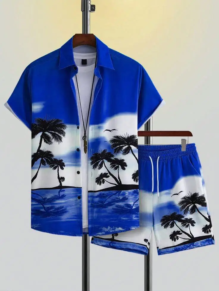 

Summer Casual Shirt And Beach Pants set, men's short-sleeved With Palm Print Shorts Set