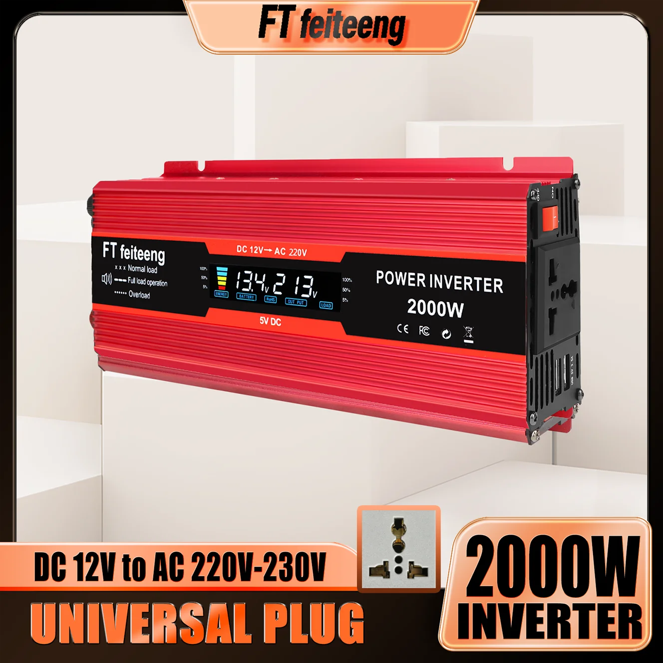 

FT feiteeng 2000W Power Inverter 12V to 220V AC DC Converter with Universal Plug for Car Home RV Truck Outdoor Use LCD Display