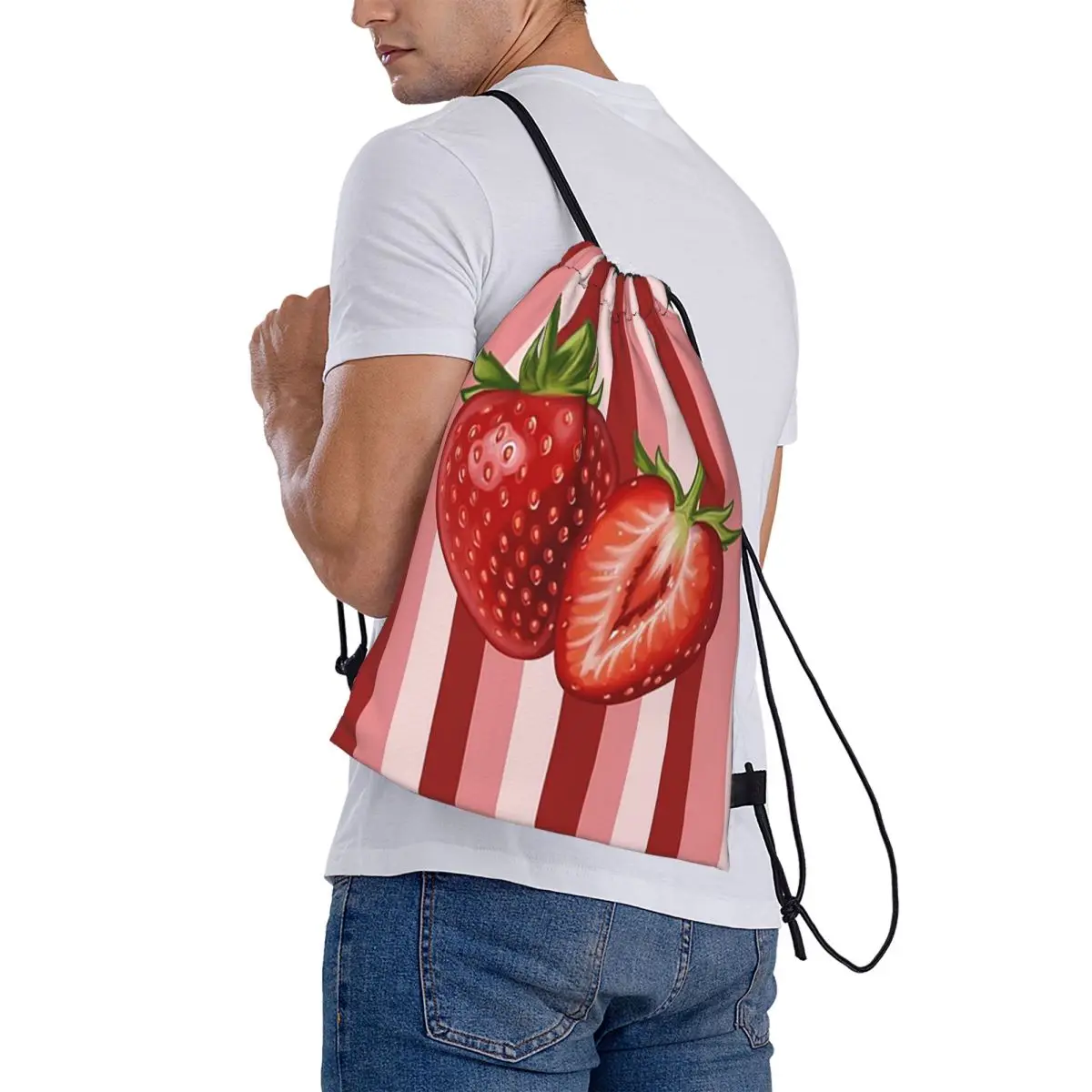 Strawberry With Burgundy And Pink Stripes Backpacks Casual Drawstring Bags Sports Bag Book Bags for Travel Students