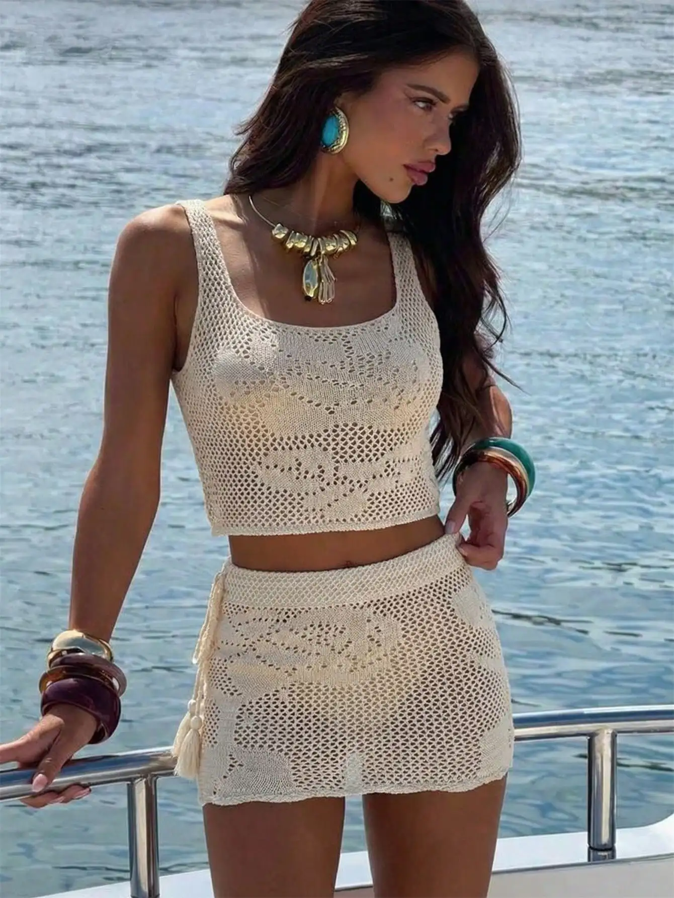 Swim Chiccia Apricot Hollow-Out Jacquard Floral & Plant Element Design Vest With Waist Tassel Drawstring Tie Skirt, Women