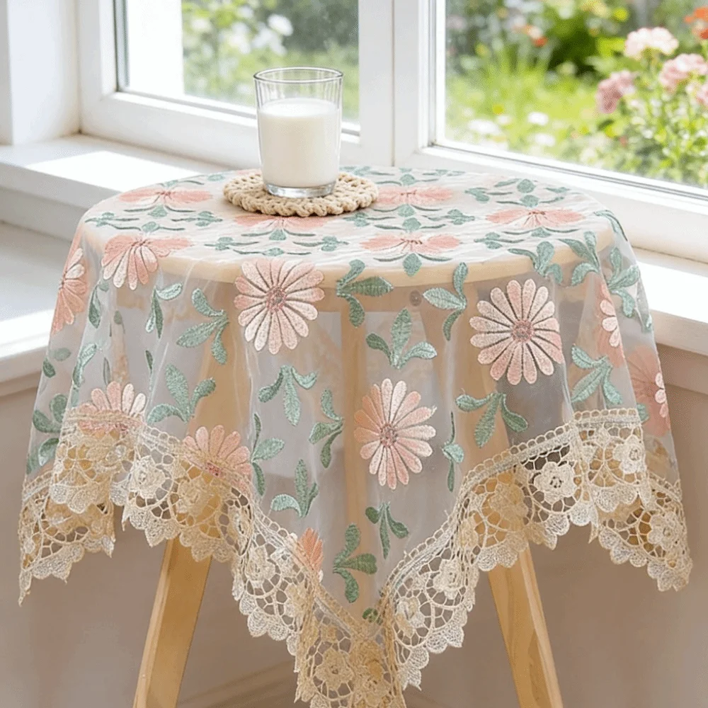 Easy Clean Yarn Cloth Table Cloth Lace Trim Pastoral Style Table Cover Fresh Design Square Shape Dining Cloth Dining Table