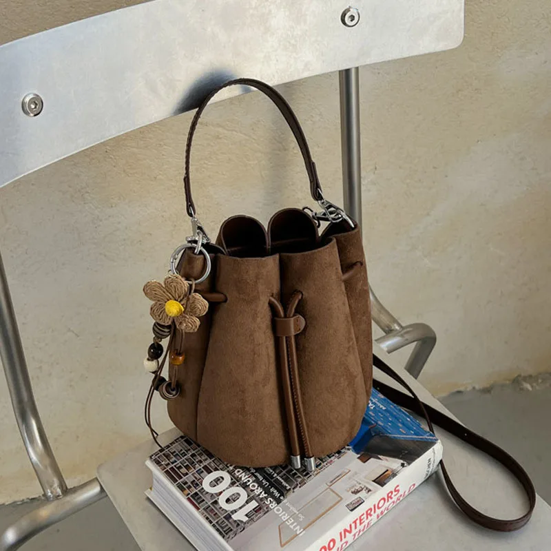 Faux Suede Flower Petal Bucket Bag for Women New Autumn Vintage Maillard Party Handbags Commuter Shoulder Crossbody Bags view 2