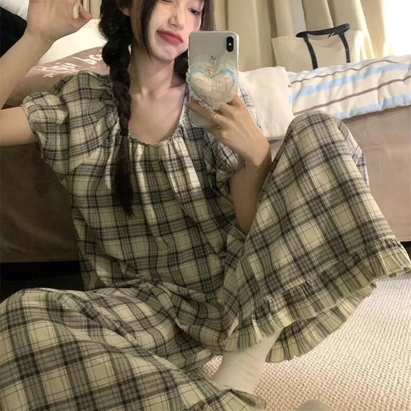 Plaid Sleepwear Women Korean Reviews Many Pajama Sets Pants Summer Home Wear Two-piece Set Japanese Piiama Short Sleeve Pyjamas