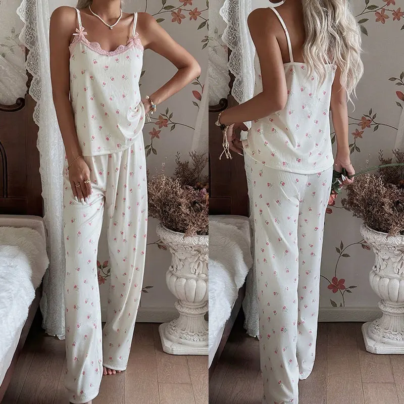 

Женский комплект пижамы с кружевом и цветочным принтом: топ без рукавов и брюки, 2 предмета, летняя повседневная дышащая одежда для дома