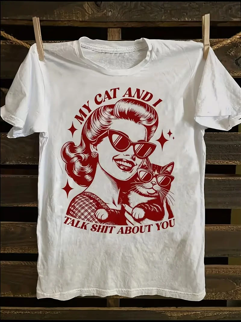 Vintage Sassy Cat Lover T-shirt Retro Pin-Up Woman With Cat Graphic Short Sleeve Tops All Season Street Casual Wear For Cat Moms