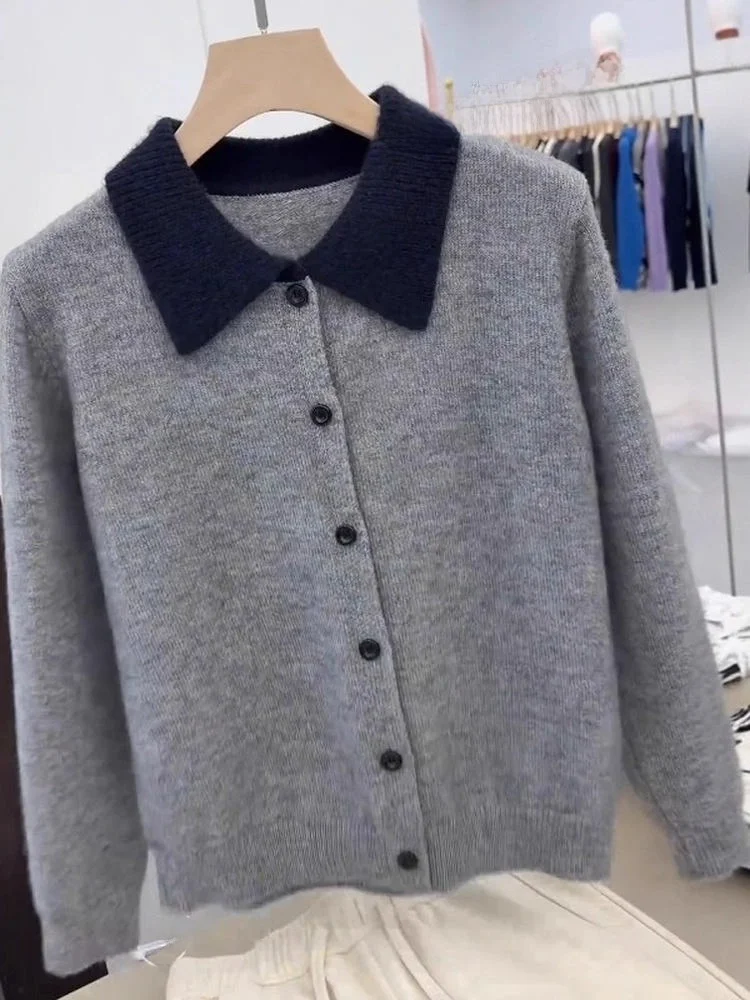 Loose Long Sve Knitted Open Cardigan Women's Sle Korean Version ey Lapel Casual Loose Fit plus Size Autumn Top