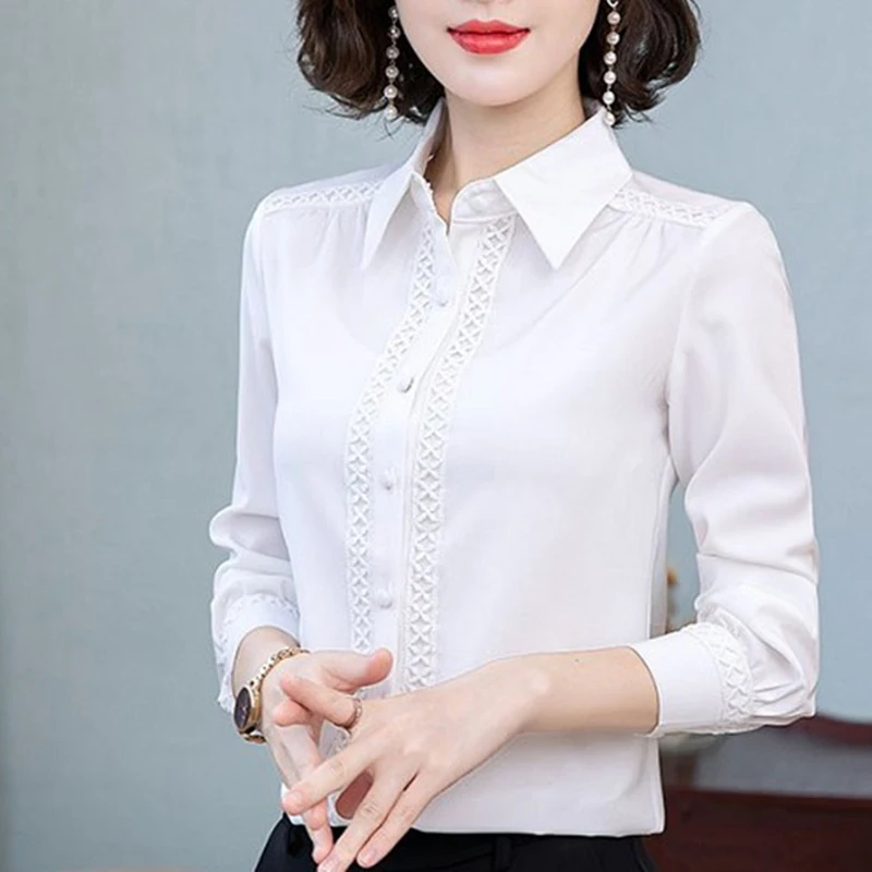 Spring Fall Women 2023 Shirts Office Female White Lace Jacquard Patchwork Collared Button Up Long Sleeve Chiffon OL Blouses Top