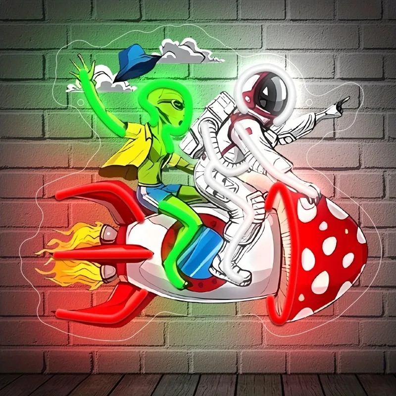 

Светящееся настенное украшение в стиле арт-декор: неоновая вывеска с изображением ракеты, космонавта и инопланетянина, УФ-печать, светодиодная подсветка, украшение для вечеринки, подарок на день рождения для подростка.