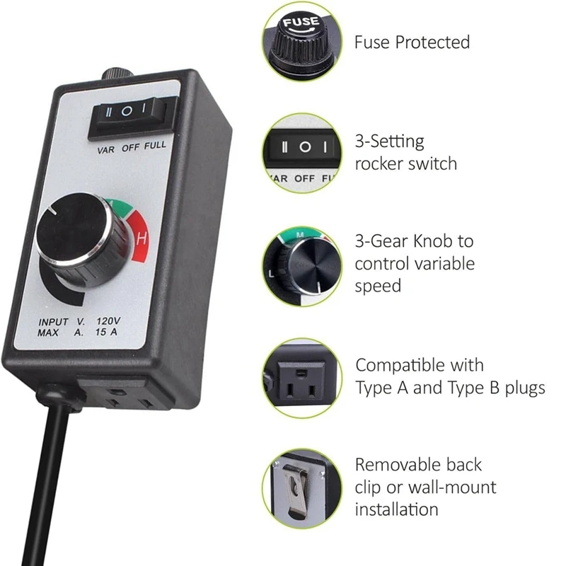 AT02-US PLUG,AC Motor Speed Controller 120V 15A Max Electronic Fan Speed Controller Variable Adjuster For Exhaust Ceiling Fan