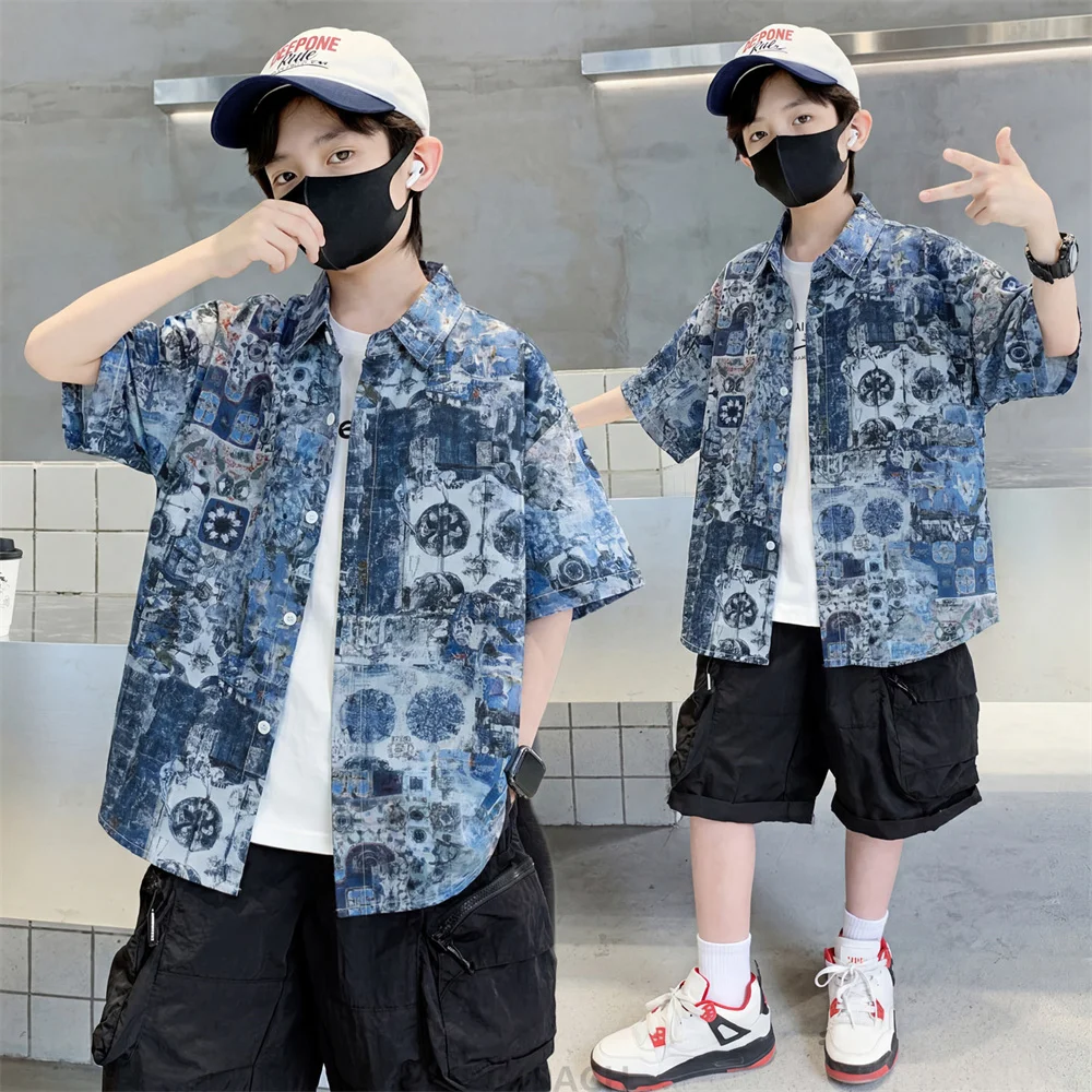 2026 Fashion Design Children Short Sleeve Vintage Print Shirt Holiday Clothing Bohemian Style Kids Summer Vacation Beach Blouse