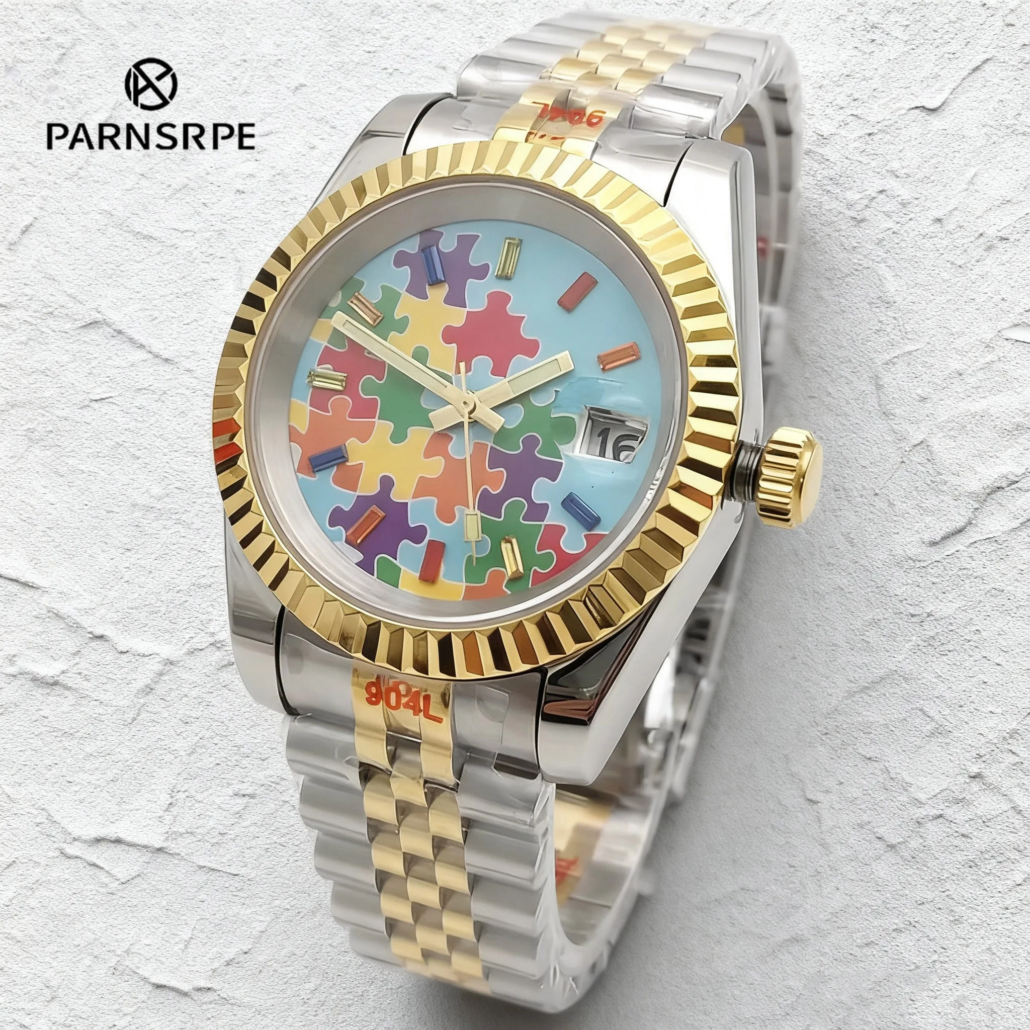 39mm Intergold Men's NH35 Automatic Sapphire Luminous Waterproof Transparent Caseback Colorful Dial Date Display