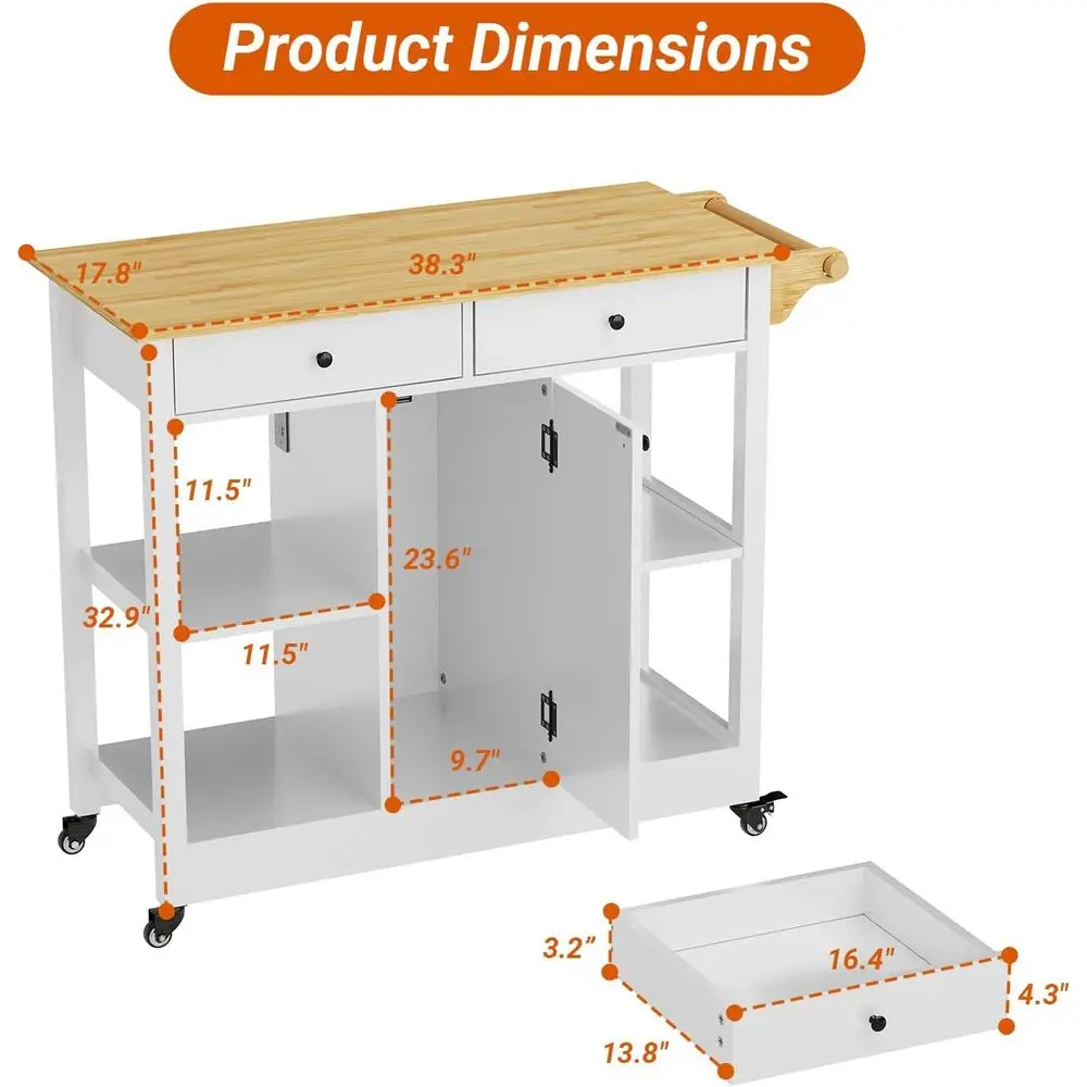 Kitchen Island with Stora, 38 Inch Rolling Kitchen Island on Wheels with 2 Ders and 4 Open Shees, Small Wood Top Moile Kitchen I