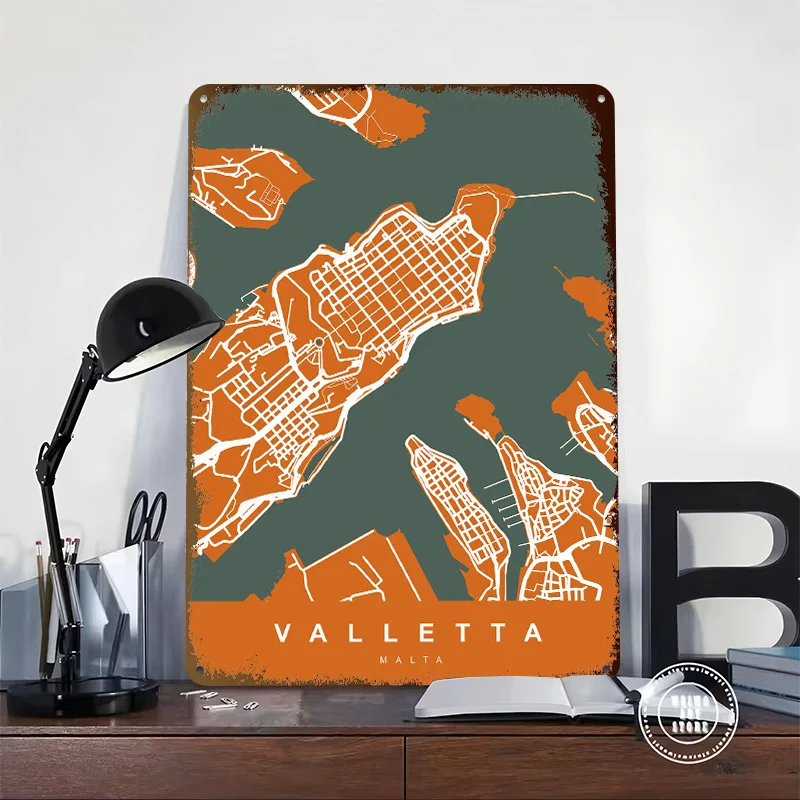 Valletta City Map Malta Poster Customized Vintage Metal Signs Wall Art Retro Tin Plaque for Room Decoration Office Decor House