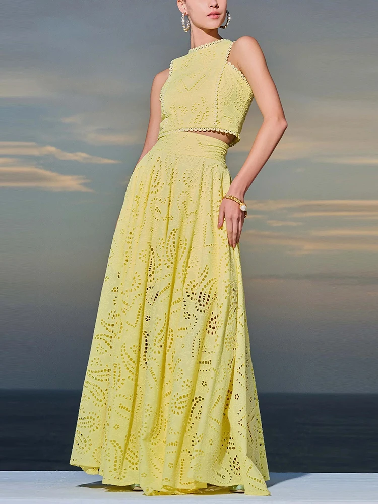 CHICEVER Embroidery Women\'s 2 Piece Set O Neck Sleeveless Short Top Spliced Button High Waist Hollow Out Skirt Sets Female New