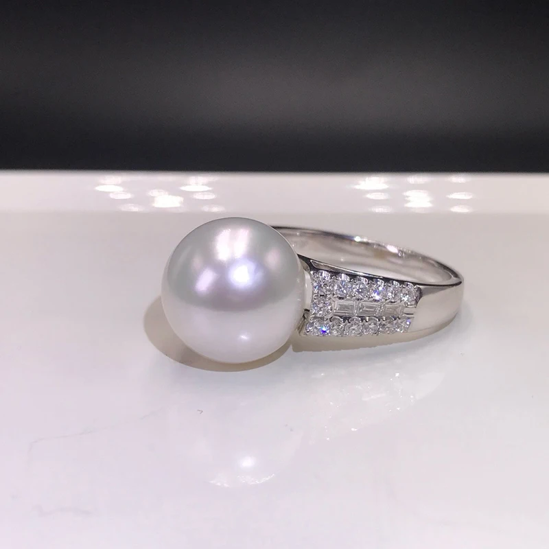 KUGG PEARL 18K White Gold Ring Shiny Diamond Luxury Design 12-13mm Natural Australian South Pearl Ring for Women Party Jewelry