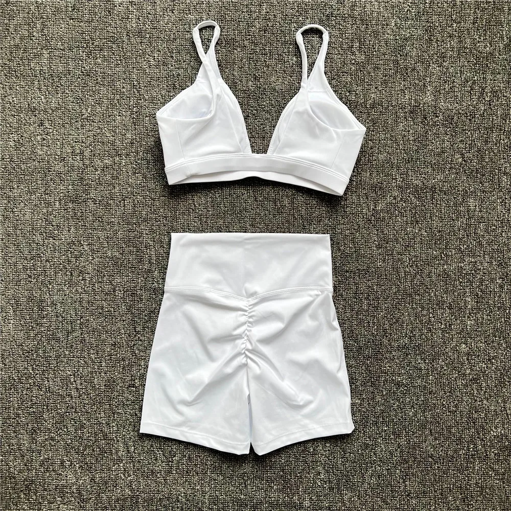 2PCS Nude Deep VNeck Sport Bra Women Yoga Sets Workout Gym Scrunch High Waist Fitness Push Up Shorts Running Avtive Suit XP187 view 5