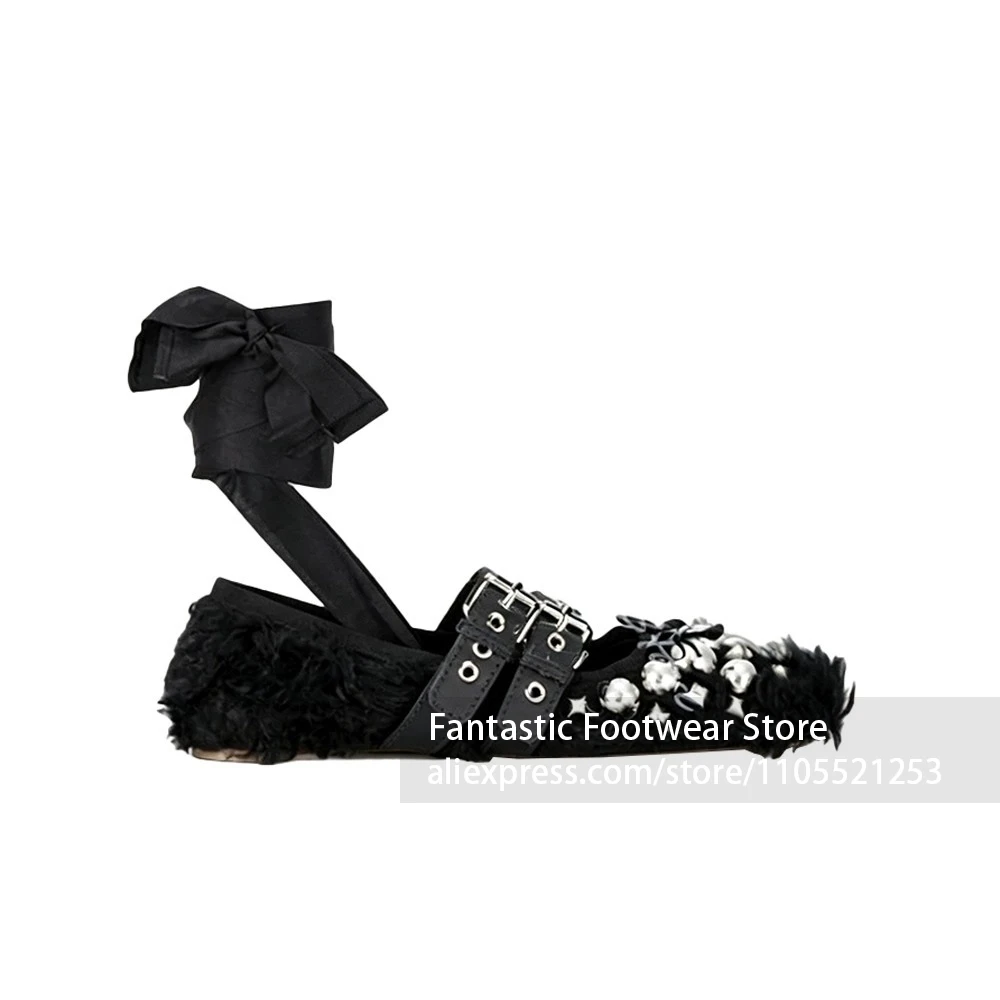Silver Ball Stud Embellishments Studded Flats Wide Black Satin Ankle Tie Buckle Strap Dress Flats Daily Streetwear for Women