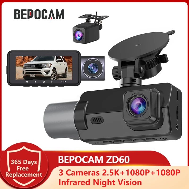 

3 Camera Dash Cam for Car DVR Infrared Night Vision Front Inside Rear Video Recorders Vehicle Camera Dashcam Parking Monitor