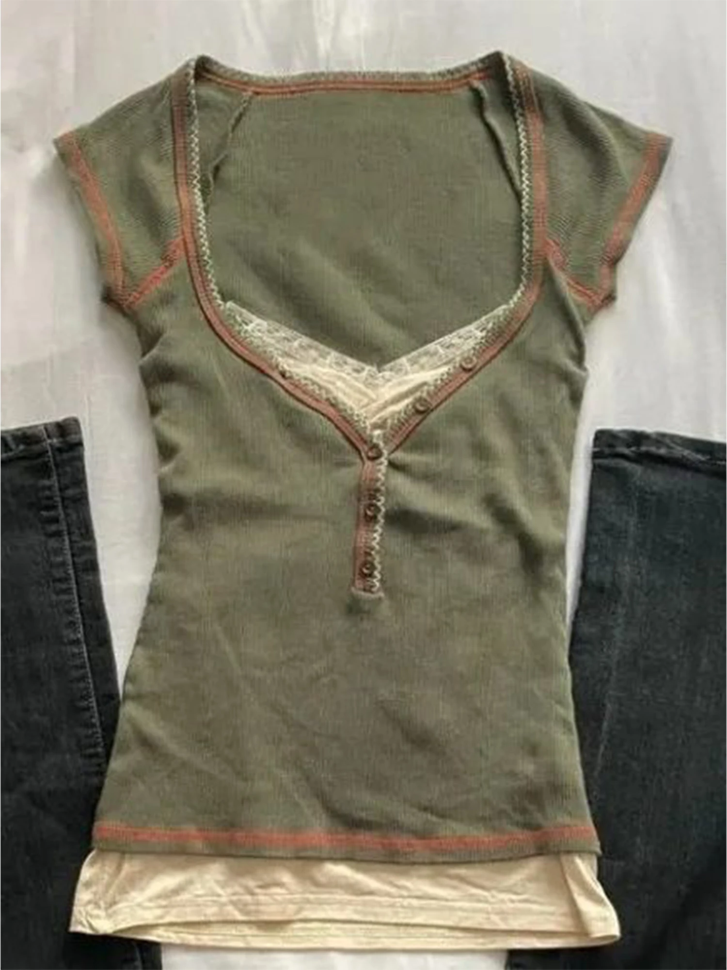 Women's Green T-shirt Square Neck Patchwork Short Sleeve T-shirt Vintage Japanese Harajuku Y2K Gyaru Crop Top for Women Summer