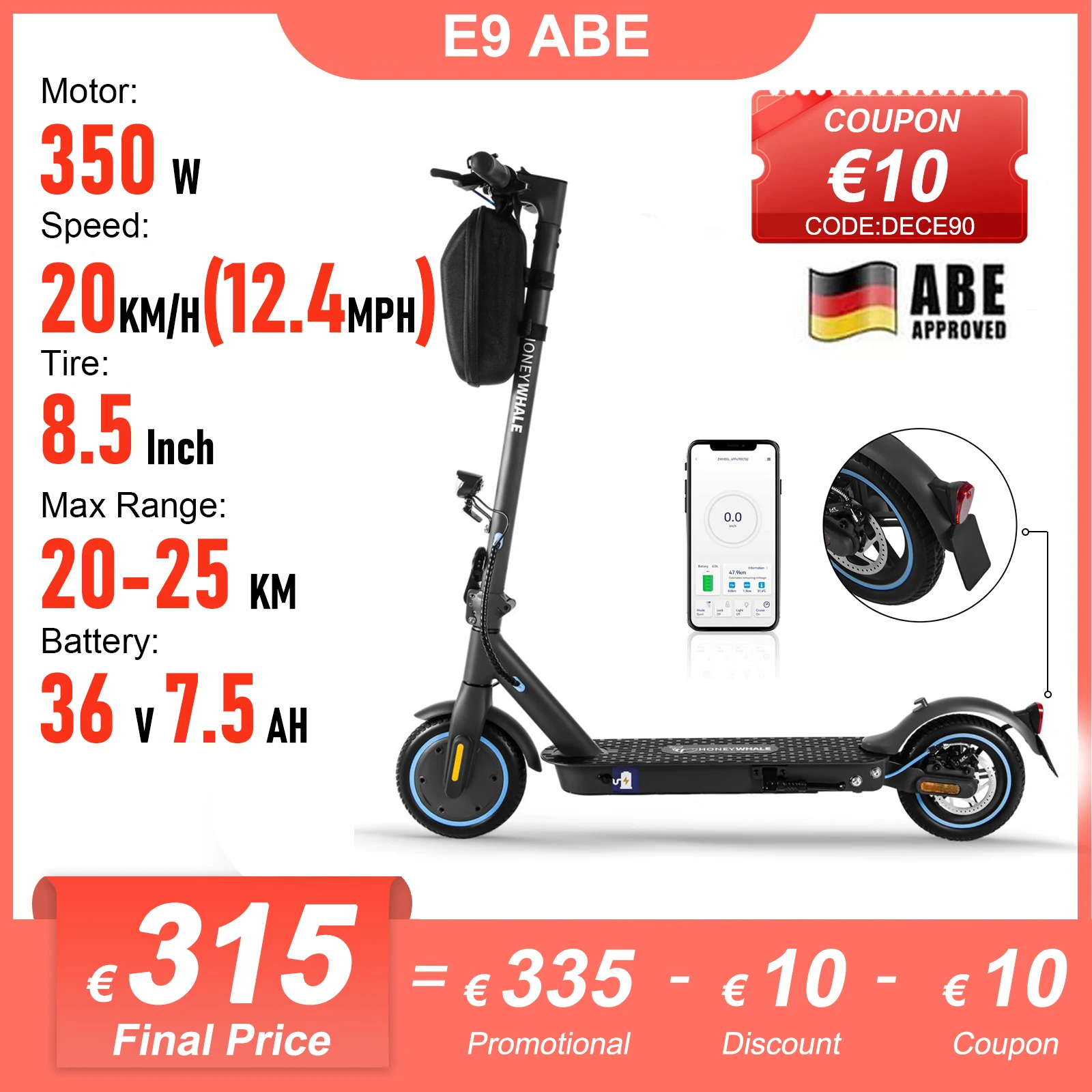 Honey Whale E9 ABE 350W electric scooter 36V7.5AH Battery 8.5 Inch Anti-Skip tires 20 KM/H Foldable Electric Kick Scooter