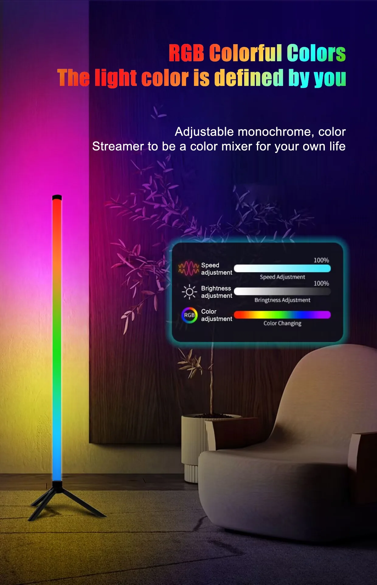 RGB LED-Ecklampe für den Boden, Raumdekoration, farbwechselnde Atmosphären-Stehleuchte, Nachtlicht für Gaming, Wohnzimmer, Schlafzimmer – Detail 2