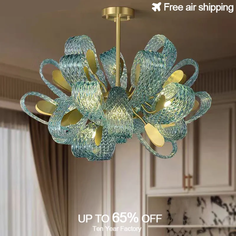 

Luxury all copper LED peacock blue glass shade ceiling lights chandelier for dining room home decoration pendant lighting