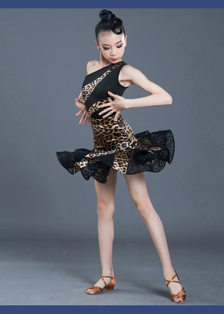 1pcs/lot children sexy one shoulder leopard latin dance dresses girls dress girl show performance chacha dancing dresss