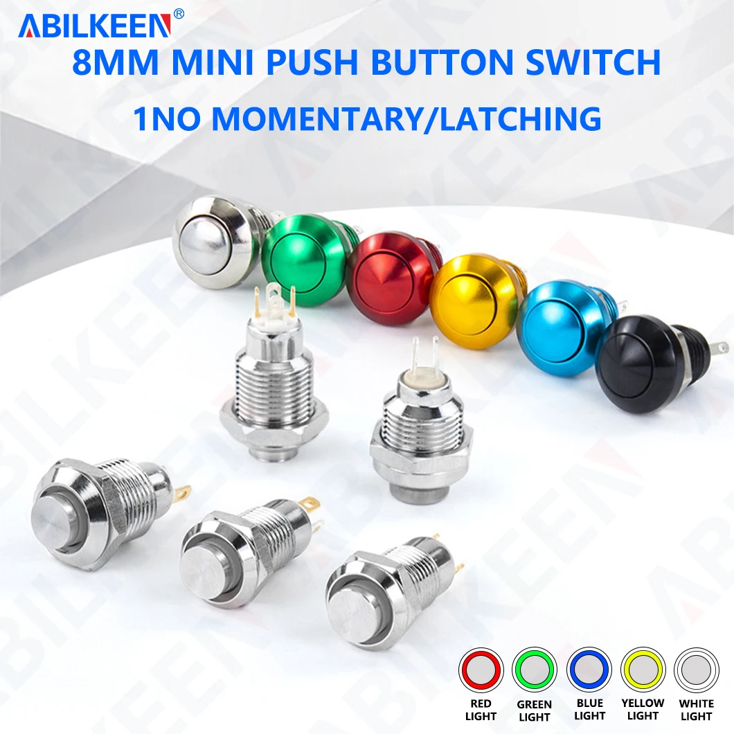 10PCS/Lot ABILKEEN 8MM High Surface Mini Push Button Switch 1NO Momentary/Latching Power Control Switch with LED Ring Light