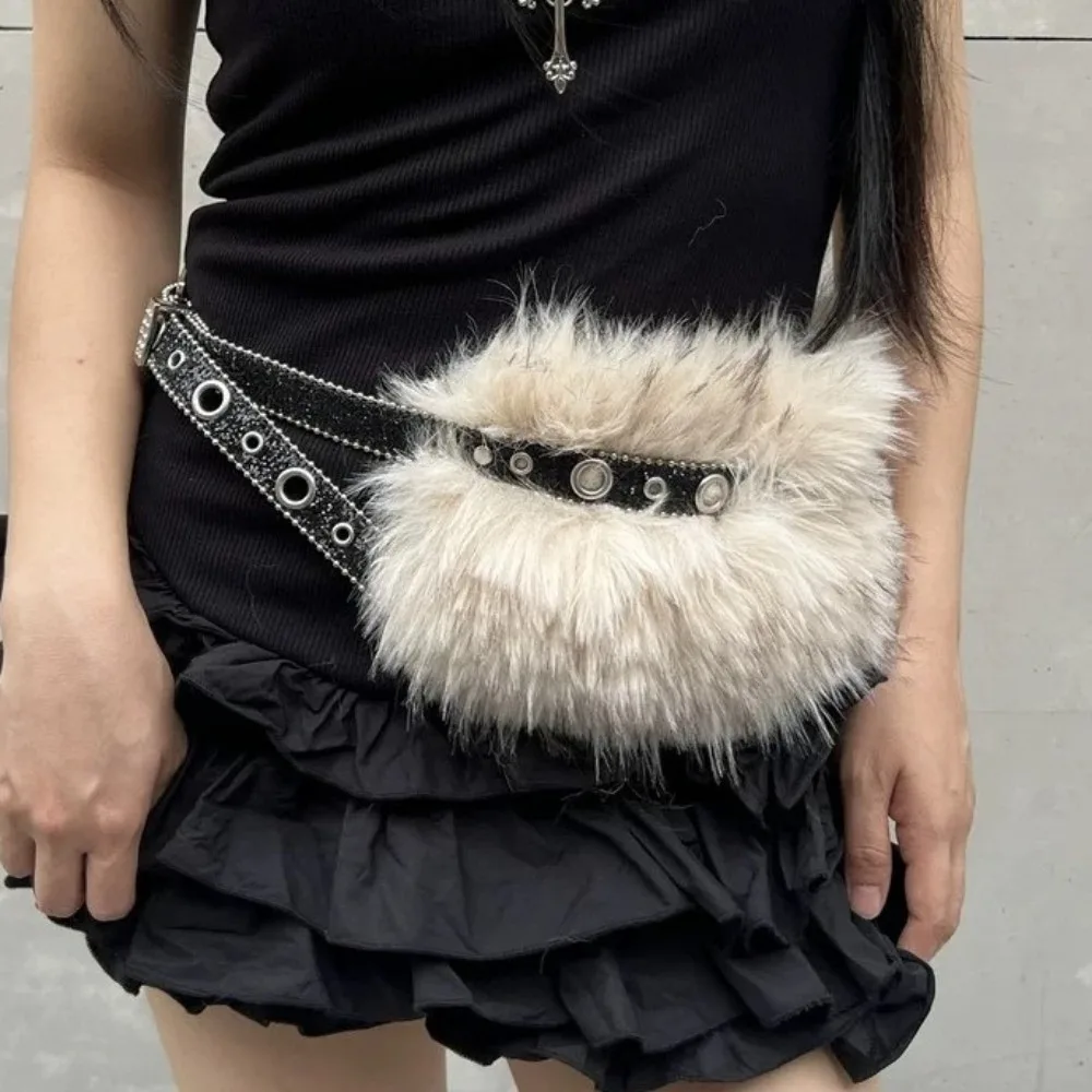 

Personality Y2K Leather Fur Belt Rhinestone Punk Furry Waistband Versatile Spicy Girl Style Plush Waist Belt Daily