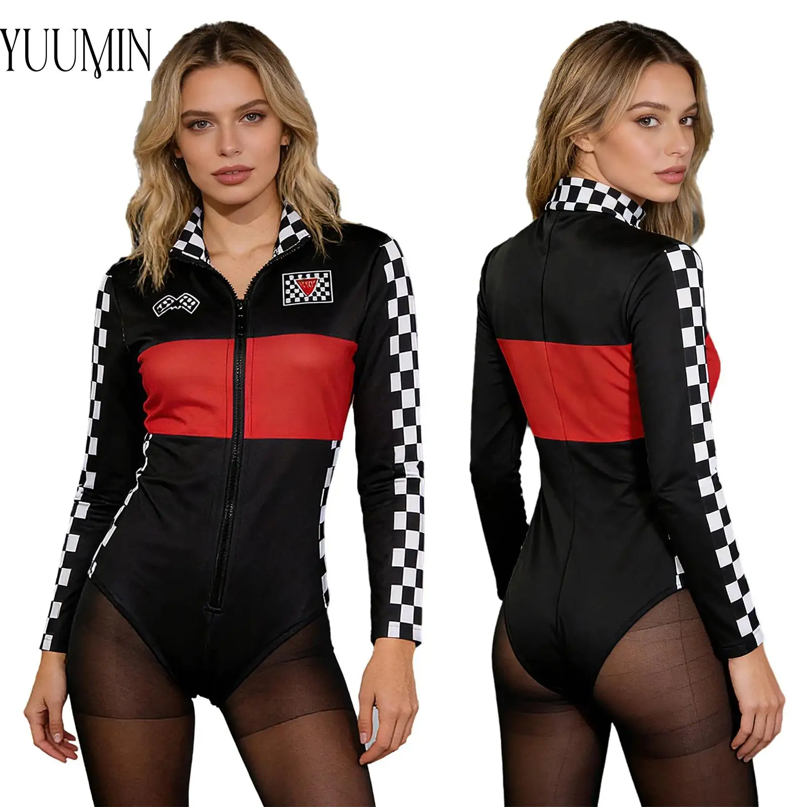 

Womens Racing Driver Cosplay Bodysuit Stand Collar Long Sleeve Zipper Color Block Plaid Leotard for Halloween Themed Party Club