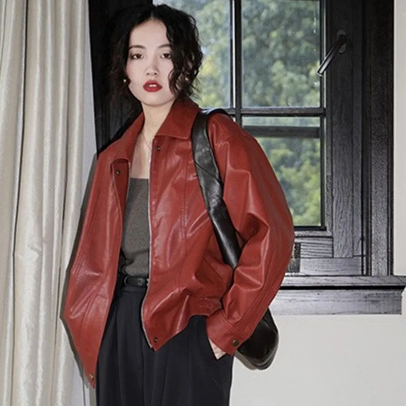 Autumn Women High End Solid CColor Loose Coat Winter Ladies Faux Leather Outwear Korean Femme Long Sleeves PU Leather Top Jacket