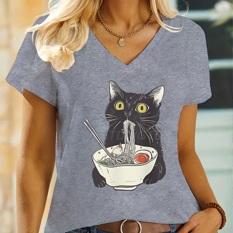 Cartoon Cute Cat Lover Fashion Short Sleeve T-shirt Japanese Food Ramen Lovers V-neck Casual Tops Ramen Noodle Cats Gift T-shirt