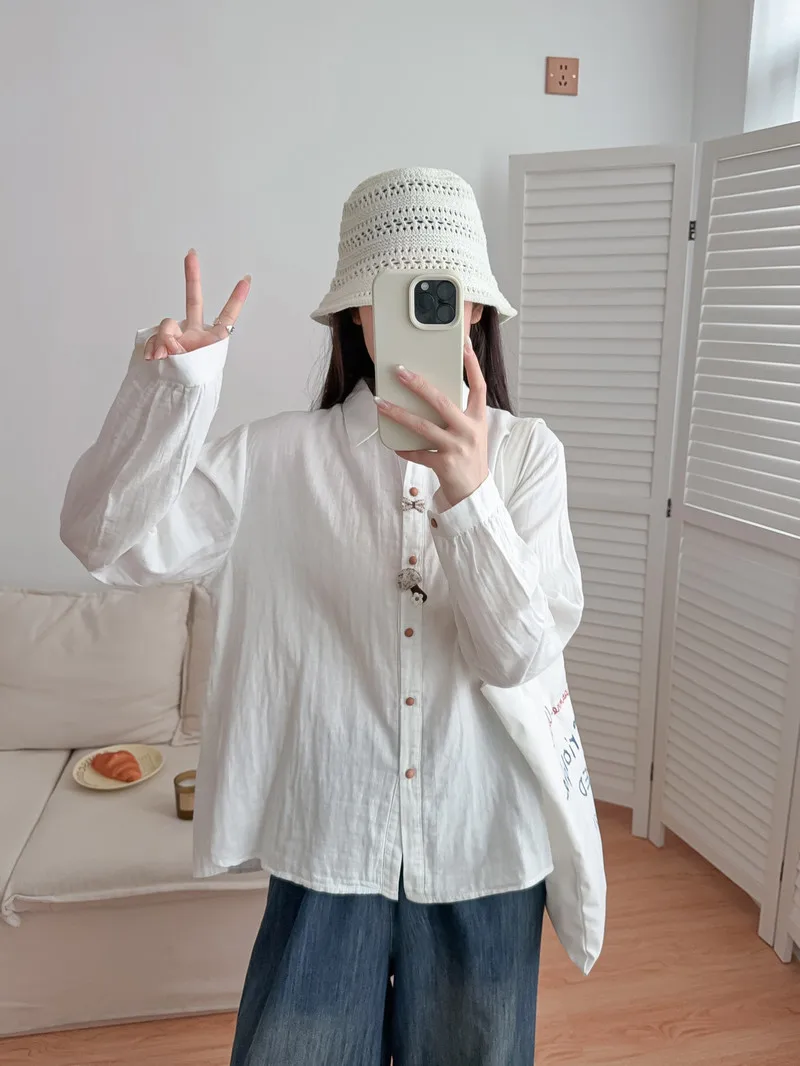 New 2025 Winter Cotton Yarn Long Sleeve Shirt, Women Turn-down Collar Embroidery, Mori Girl Age Reduction Loose Blouse T5N718CC