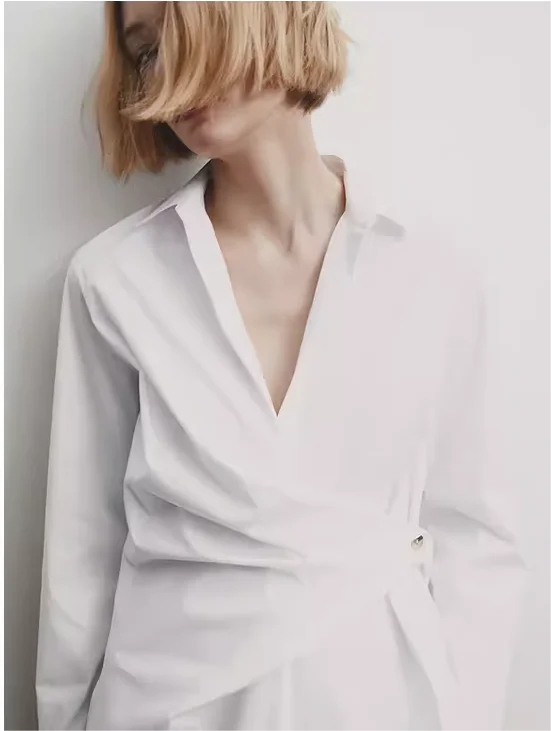 

mat Sle V-Ne Cotton Blend irt with Cross Knot Design White Long Sve Busin Casual Women's Faion Spring New