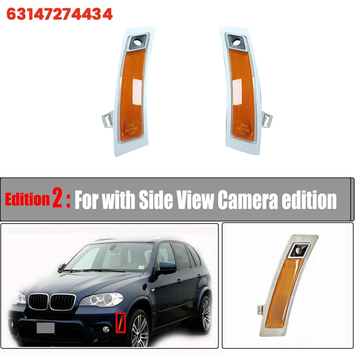 Left Side Front Bumper Reflector Trim Marker Lamp 63147274434 for BMW X5 E70 2011-2013 with Side View Camera Holes