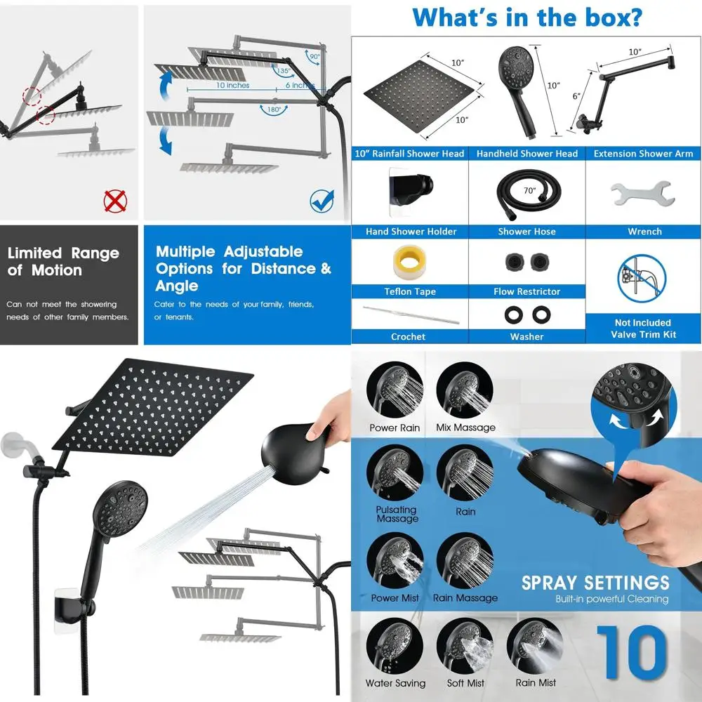 

Матовый черный душевой гарнитур с 10 режимами, ручным душем, 16-дюймовым удлинительным шлангом и 3-позиционным переключателем