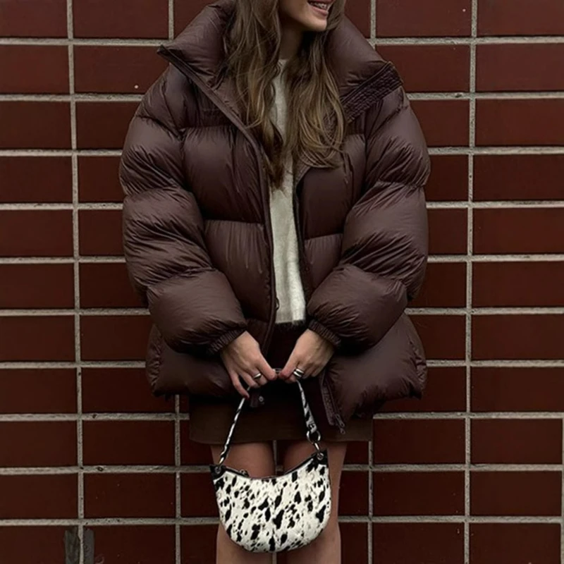

Coffee-colored Short Retro Style Warm Down Jacket for Women 2026 Winter New Style Cotton-padded Coat with Stand-up Collar Zipper