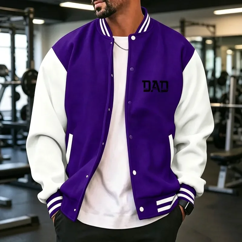 Men Workout Baseball Jacket  Spring Autumn Winter, Contrast Spliced Sleeve Ribbed Cuff DAD  Print Button Loose Sports Coat S-3XL