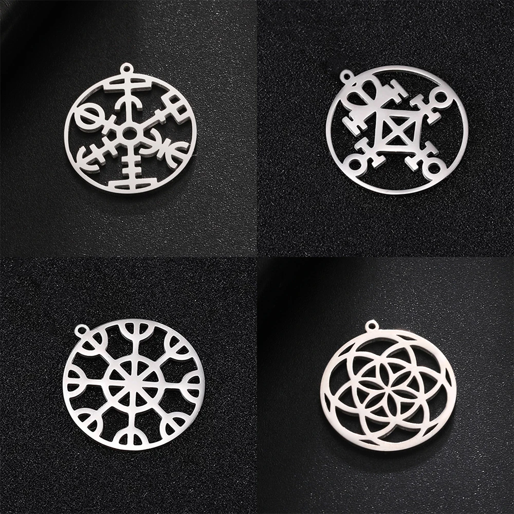 Eueavan 5pcs/lot Nordic Viking Vegvisir Compass Flower of Life Pendant Amulet Stainless Steel Charm for Jewelry Making Accessory