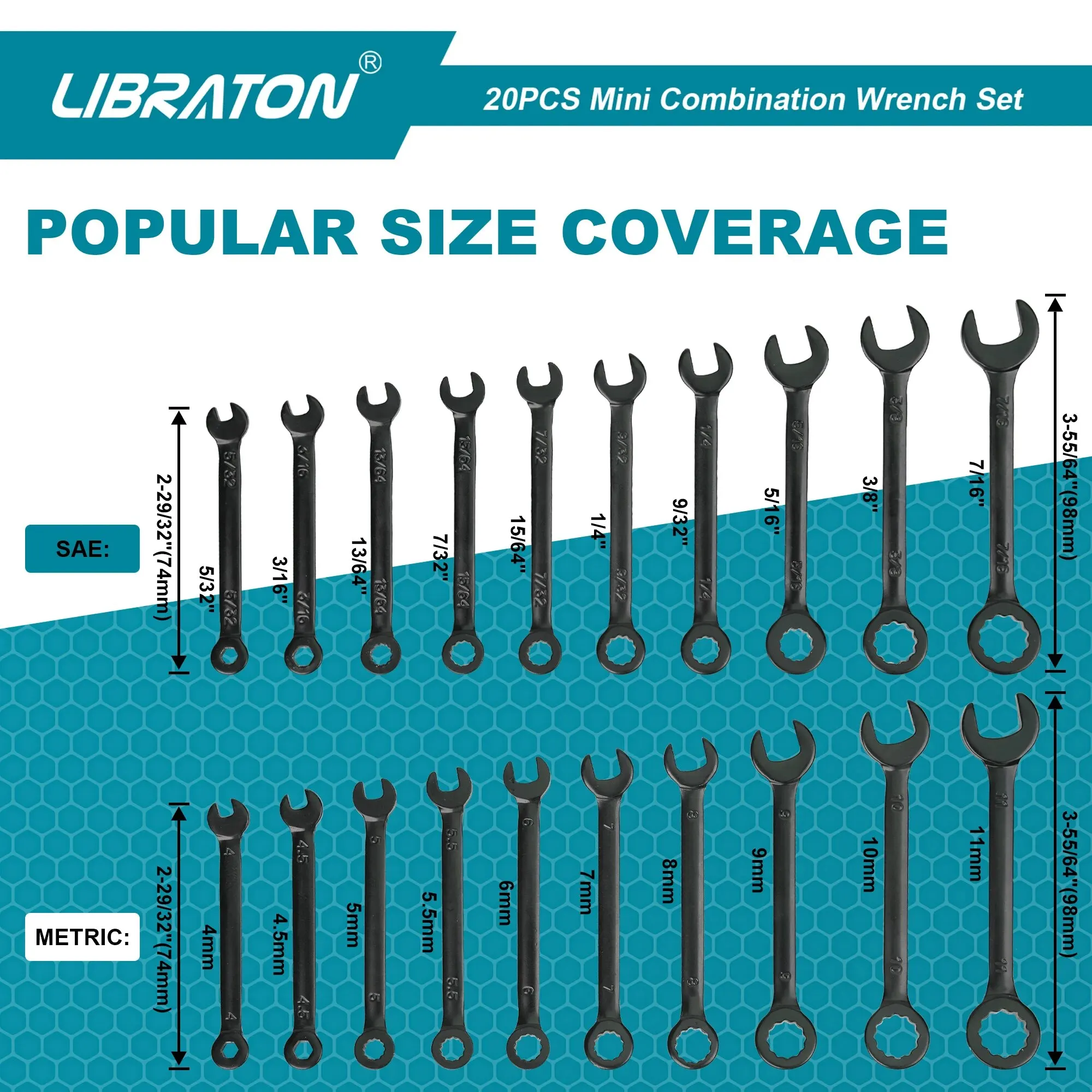 Libraton 20Pcs Mini Wrench Set Metric & SAE Ignition Wrench Sets Open and Box End Wrench Set Small Wrench 4mm-11mm & 5/32\