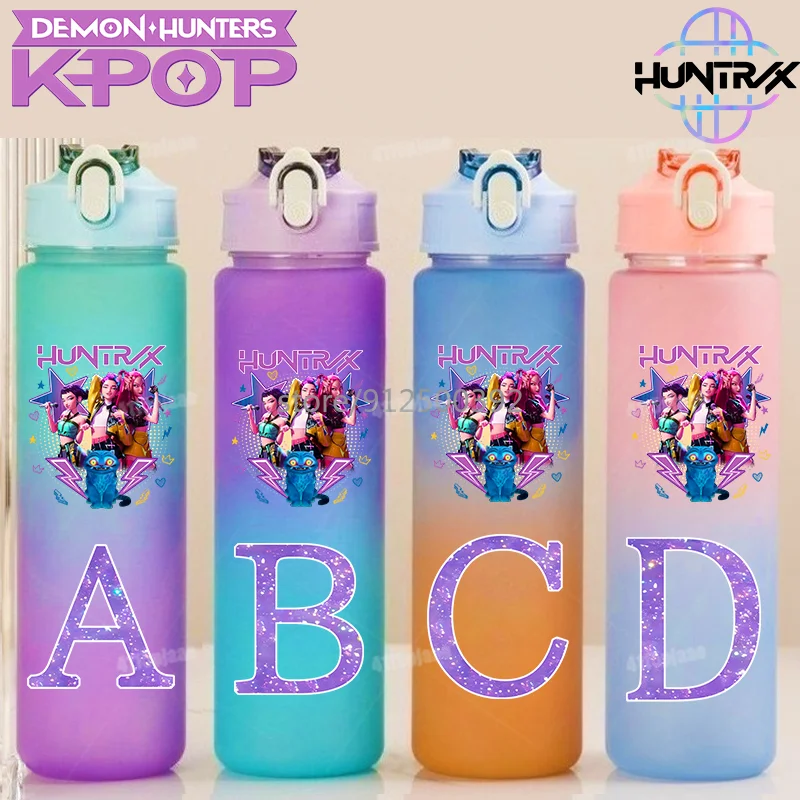 Bouteille d'eau à paille 750 ml pour K-pop Demon Hunters, motif lettres A-Z, couleur dégradée, pour filles, école, cadeau d'anniversaire