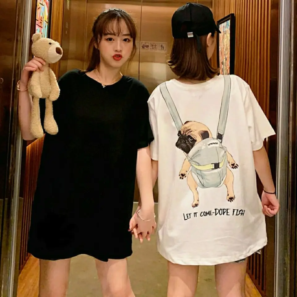 Summer Y2k Clothes 2024 New Cotton Ins Back Print Carrying A Dog T-shirt Woman Casual Loose Tops