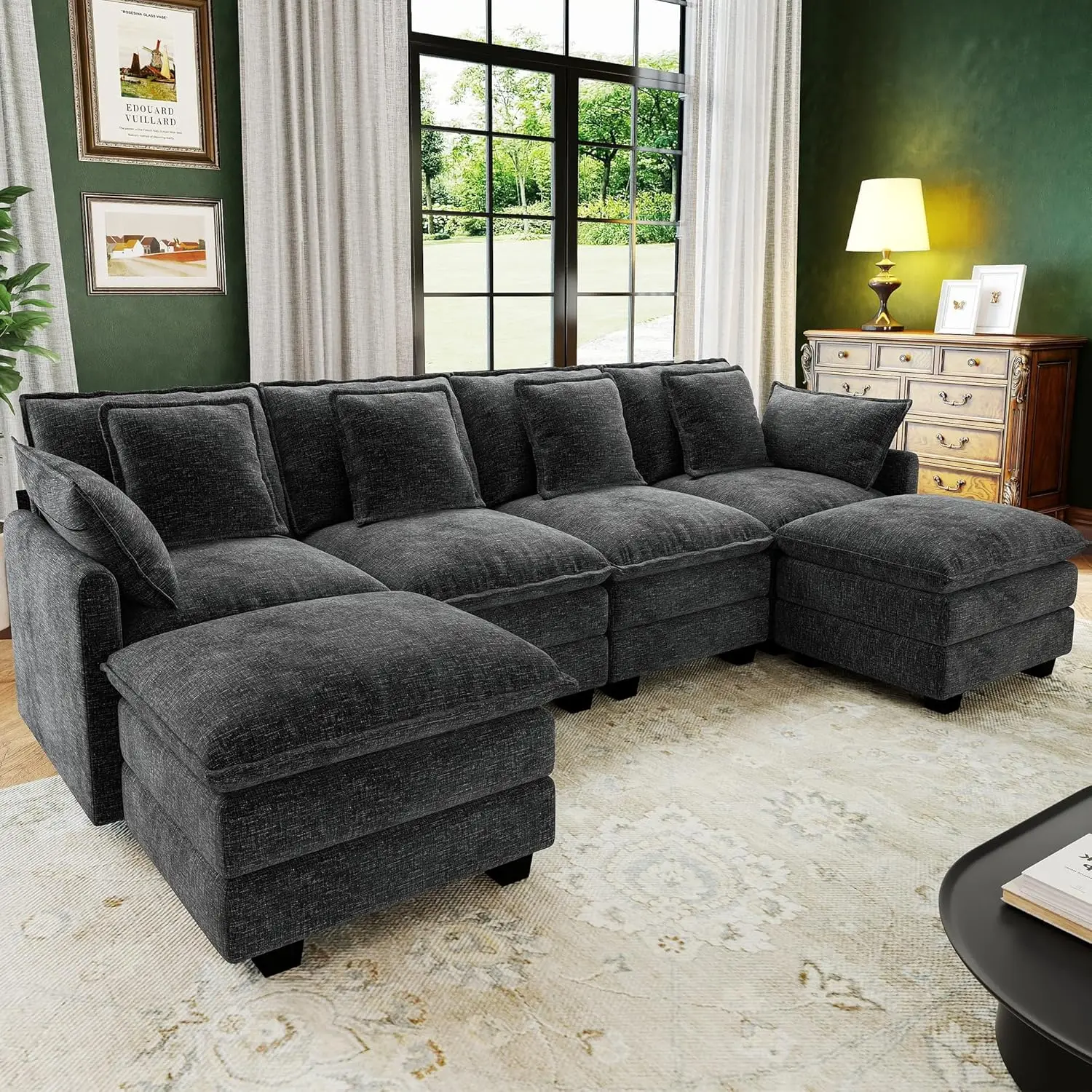 

Модульный секционный диван U-образной формы 107 дюймов с глубоким сиденьем, 6 моющимися подушками и 2 пуфиками для гостиной, спальни, квартиры, на заказ