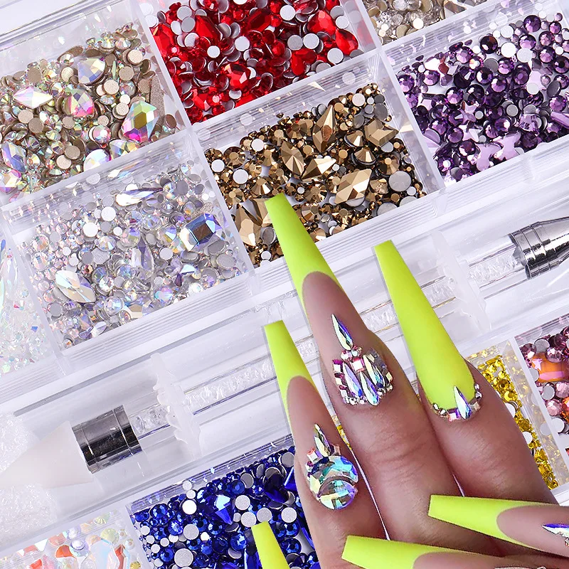 21 Grid Nails Rhinestones with Point Drill Pen AB Glass Crystal Diamond Nail Diamond Jewelry Glass Nail Crystals Bling Box SN50