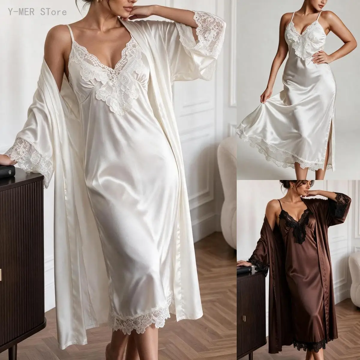 Women Satin Pajama Robe Two Piece Set Lace V Neck Long Camisole Nightgown Lace Cuff Trim Elegant Ladies Home Sleepwear