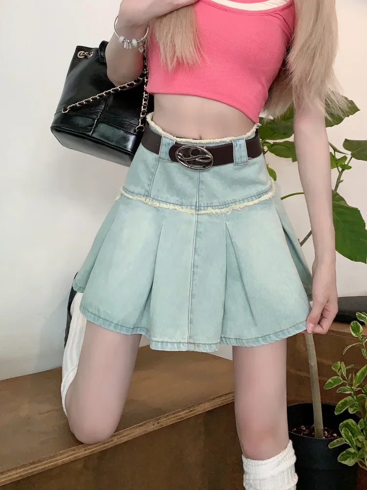 Skirts Women Ins Vintage Sexy Girls Femme Denim Summer Pleated Mini Club Casual New Arrival Faldas American Retro Style Hipster